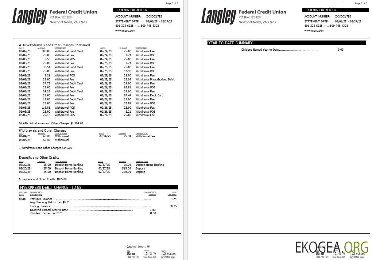 États Unis Relevé bancaire de la Federal Credit Union de Langley, 6 pages 3